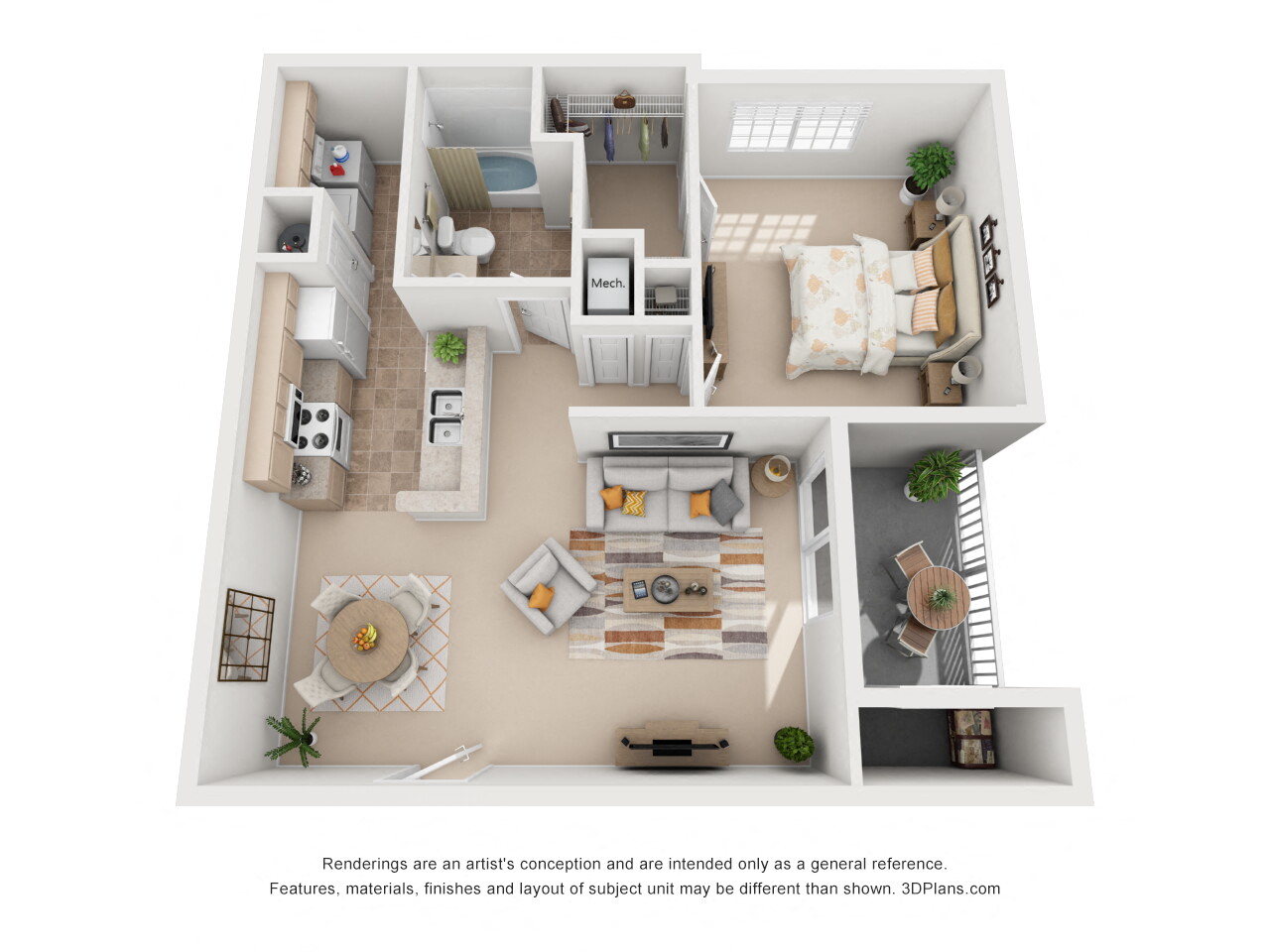 Floor plan for 1 bed, 1 bath, 886 sqft